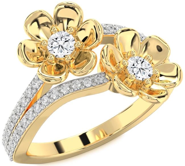 Diamond Gold Silver Flower Round Two Stone Ring