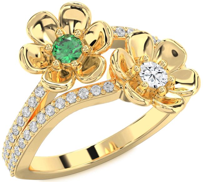 Diamond Gold Silver Flower Round Two Stone Promise Ring
