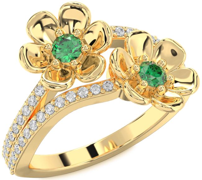 Diamond Emerald Gold Flower Round Two Stone Birthstone Ring