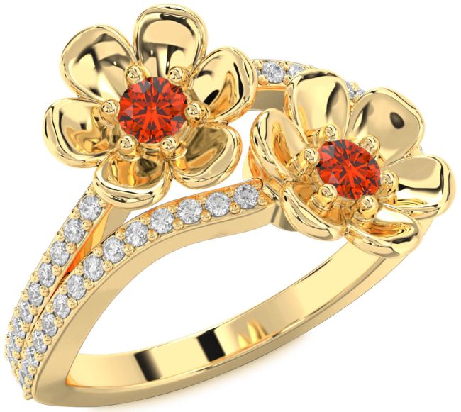 Diamond Fire Opal Gold Flower Round Two Stone Ring