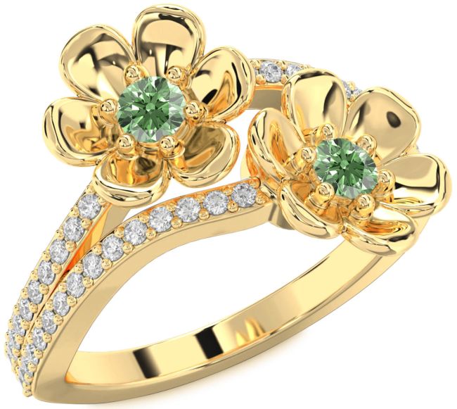 Green Diamond Gold Flower Round Two Stone Ring