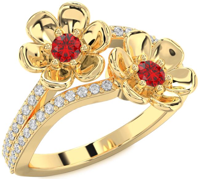 Diamond Ruby Gold Flower Round Two Stone Birthstone Ring