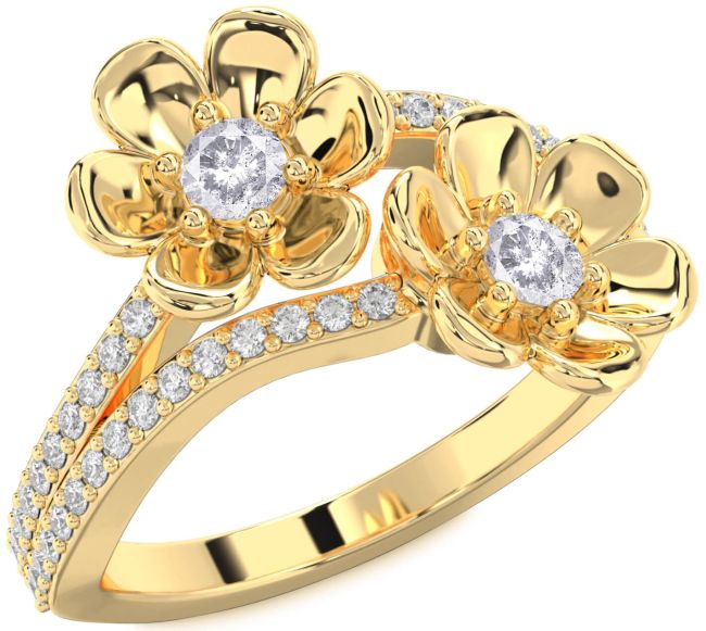 Salt & Pepper Diamond Gold Flower Round Two Stone Ring