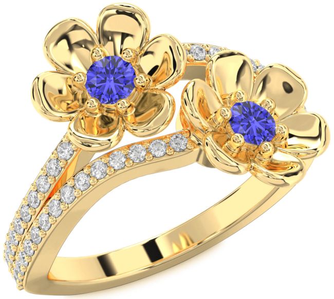Diamond Tanzanite Gold Silver Flower Round Two Stone Ring
