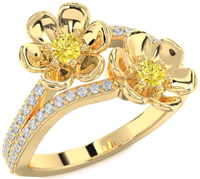 Yellow Diamond Gold Silver Flower Round Two Stone Ring