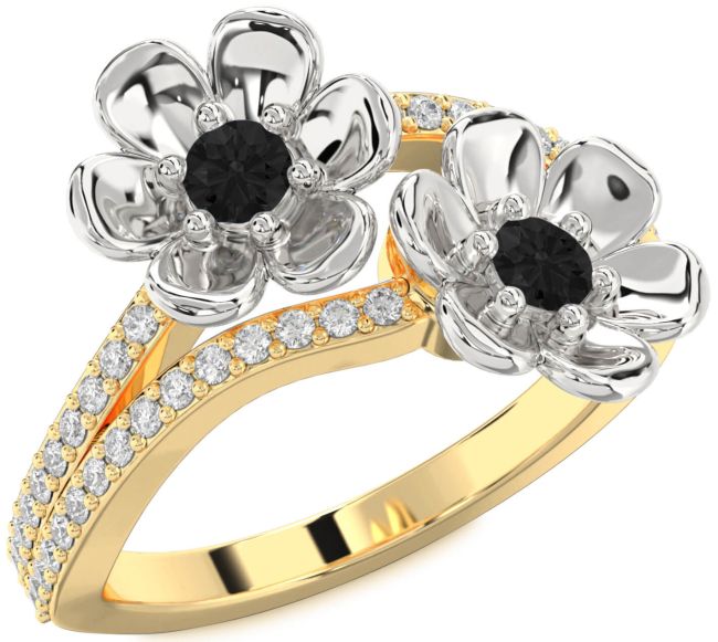 Black Diamond Gold Silver Flower Round Two Stone Ring