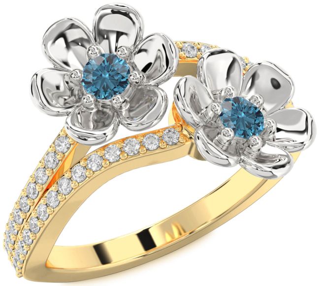 Blue Diamond Gold Silver Flower Round Two Stone Ring