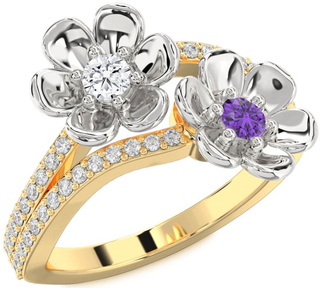 Diamond Platinum & Yellow Gold Flower Round Two Stone Promise Ring