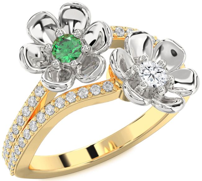 Diamond Gold Silver Flower Round Two Stone Promise Ring