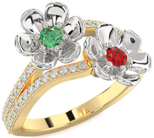 Diamond Gold Silver Flower Round Two Stone Promise Ring