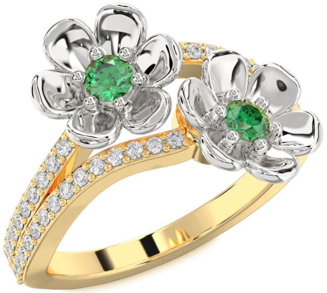 Diamond Emerald Gold Silver Flower Round Two Stone Birthstone Ring