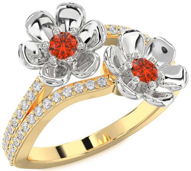 Diamond Fire Opal Gold Silver Flower Round Two Stone Ring