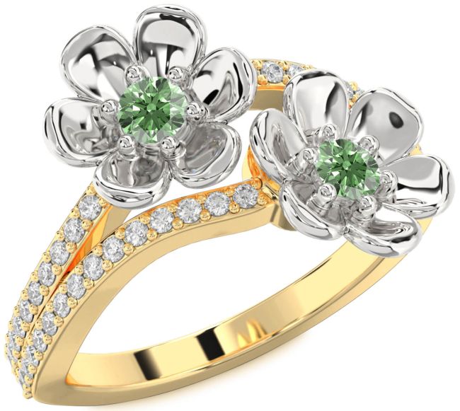 Green Diamond Gold Silver Flower Round Two Stone Ring