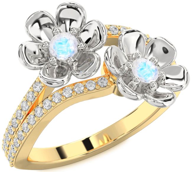 Diamond Moonstone Gold Silver Flower Round Two Stone Ring