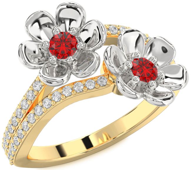 Diamond Ruby Gold Silver Flower Round Two Stone Birthstone Ring