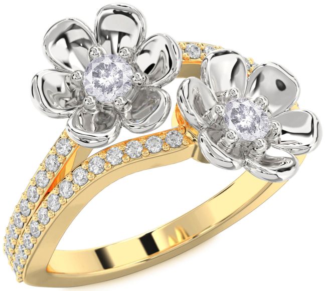 Salt & Pepper Diamond Gold Silver Flower Round Two Stone Ring