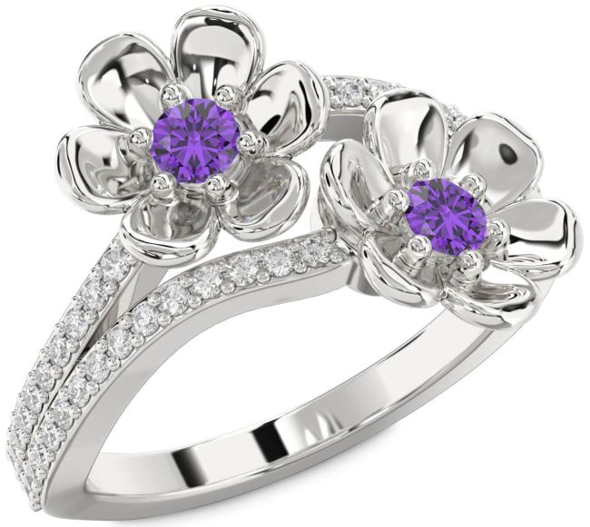 Diamond Amethyst Silver Flower Round Two Stone Birthstone Ring