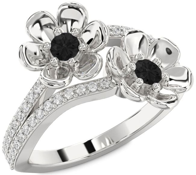 Black Diamond Silver Flower Round Two Stone Ring