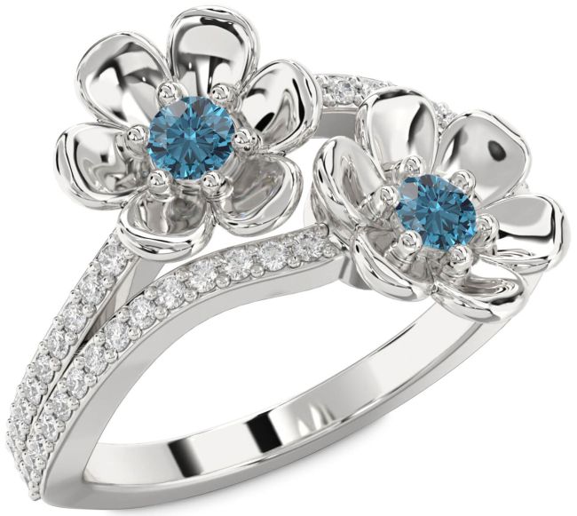 Blue Diamond Silver Flower Round Two Stone Ring