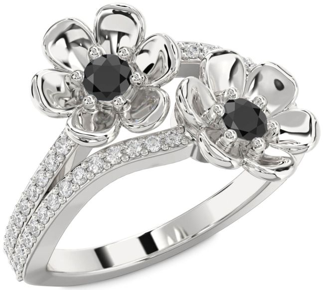 Diamond Black Onyx Silver Flower Round Two Stone Ring