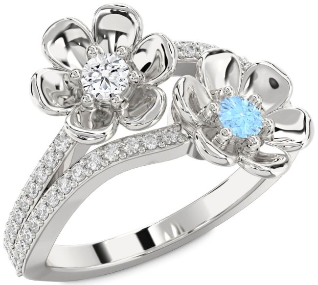 Diamond Silver Flower Round Two Stone Promise Ring