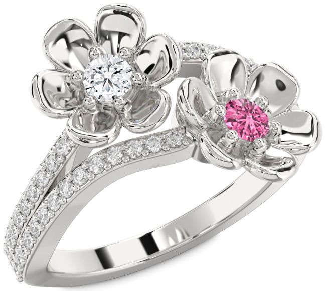 Diamond Silver Flower Round Two Stone Promise Ring