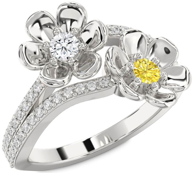 Diamond Silver Flower Round Two Stone Promise Ring