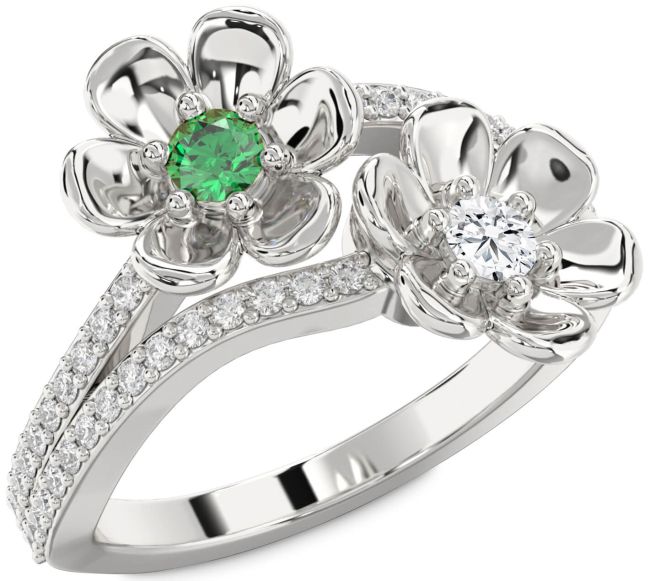 Diamond Silver Flower Round Two Stone Promise Ring