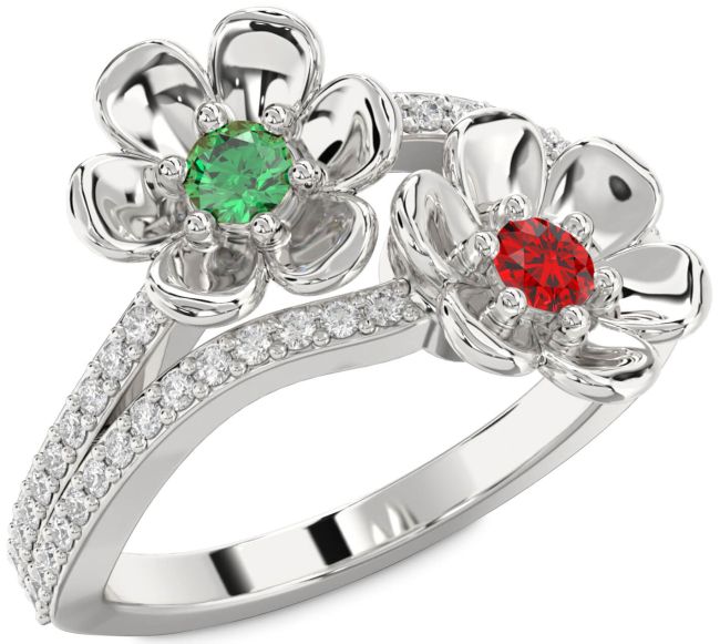 Diamond Silver Flower Round Two Stone Promise Ring