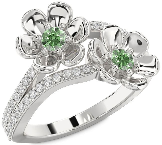Green Diamond Silver Flower Round Two Stone Ring