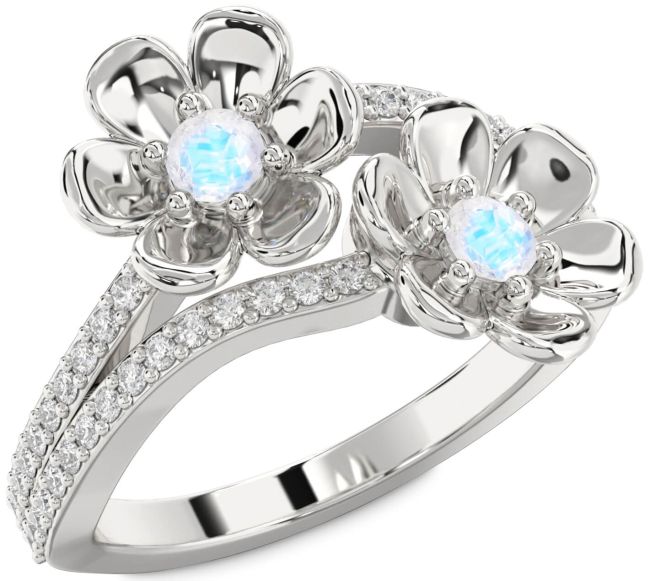 Diamond Moonstone Silver Flower Round Two Stone Ring