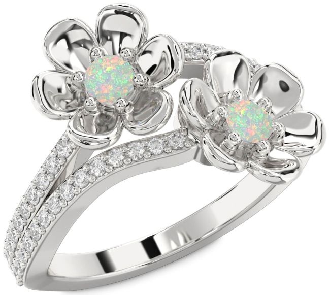 Diamond Opal Silver Flower Round Two Stone Birthstone Ring
