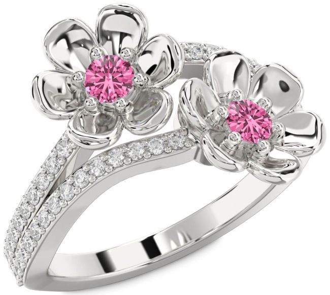 Diamond Pink Sapphire Silver Flower Round Two Stone Ring