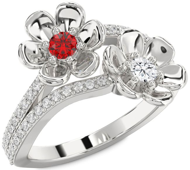 Diamond Silver Flower Round Two Stone Promise Ring