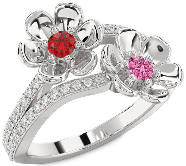 Diamond Silver Flower Round Two Stone Promise Ring