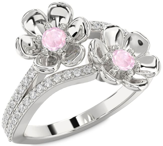 Diamond Rose Quartz Silver Flower Round Two Stone Ring