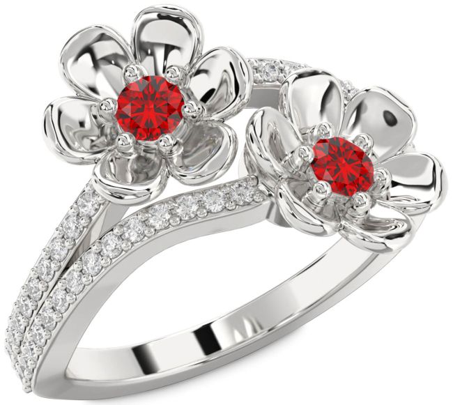 Diamond Ruby Silver Flower Round Two Stone Birthstone Ring