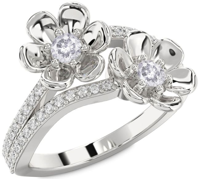 Salt & Pepper Diamond Silver Flower Round Two Stone Ring