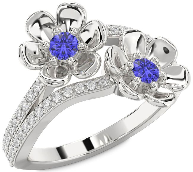 Diamond Tanzanite Silver Flower Round Two Stone Ring