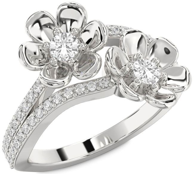Diamond White Sapphire Silver Flower Round Two Stone Ring