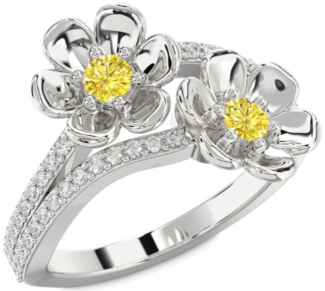 Yellow Diamond Silver Flower Round Two Stone Ring