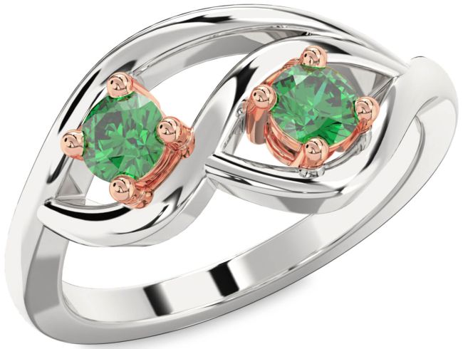 Emerald Rose Gold Silver Round Two Stone Birthstone Ring