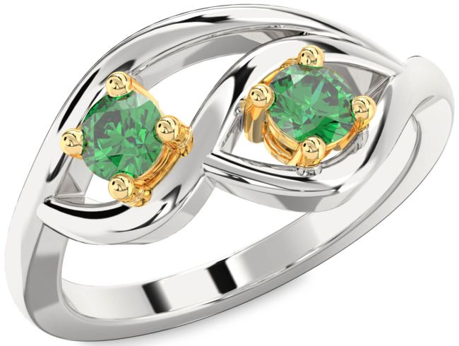Emerald Gold Silver Round Two Stone Birthstone Ring