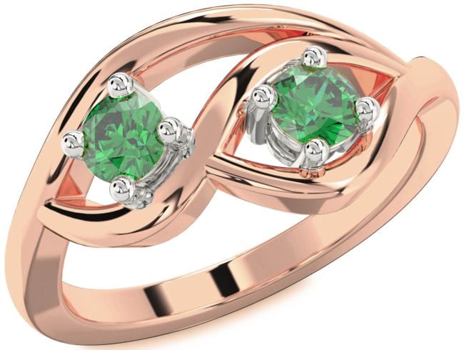 Emerald Rose Gold Silver Round Two Stone Birthstone Ring