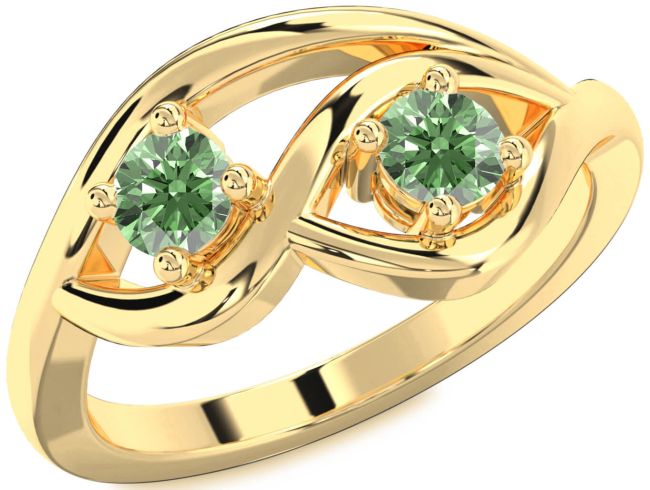 Green Diamond Gold Silver Round Two Stone Ring