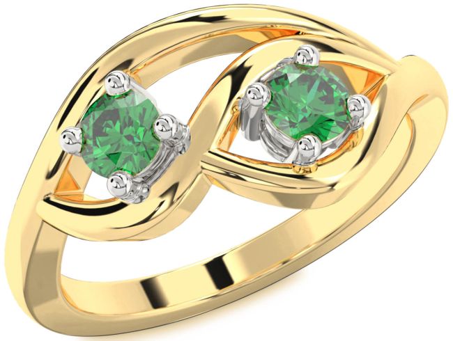 Emerald Gold Silver Round Two Stone Birthstone Ring