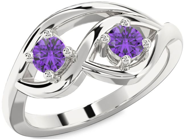Amethyst Silver Round Two Stone Birthstone Ring