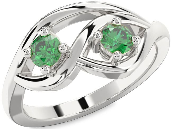Emerald Silver Round Two Stone Birthstone Ring