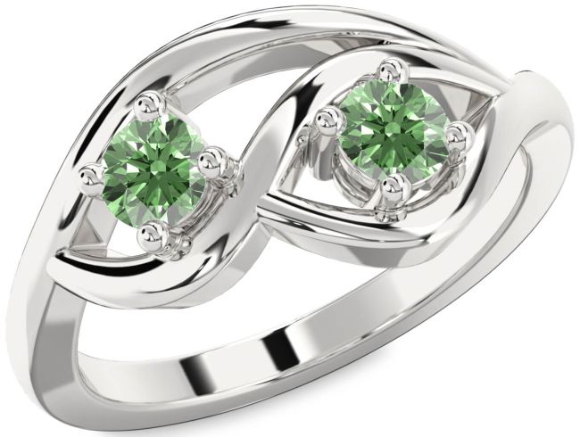 Green Diamond Silver Round Two Stone Ring