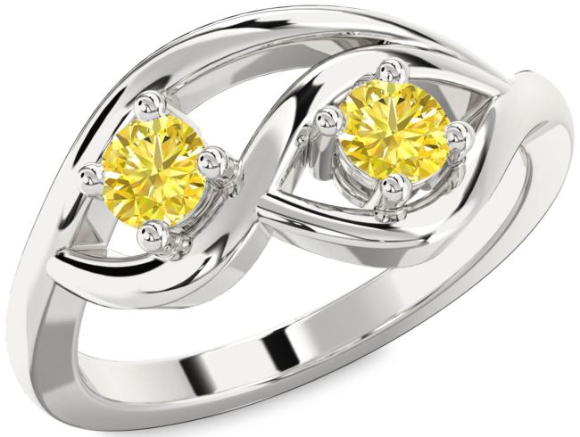 Yellow Diamond Silver Round Two Stone Ring